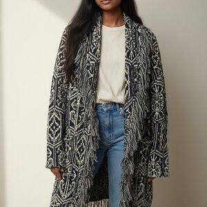 Sundance navy blue and Cream Fringed Patterned Cardigan Sweater